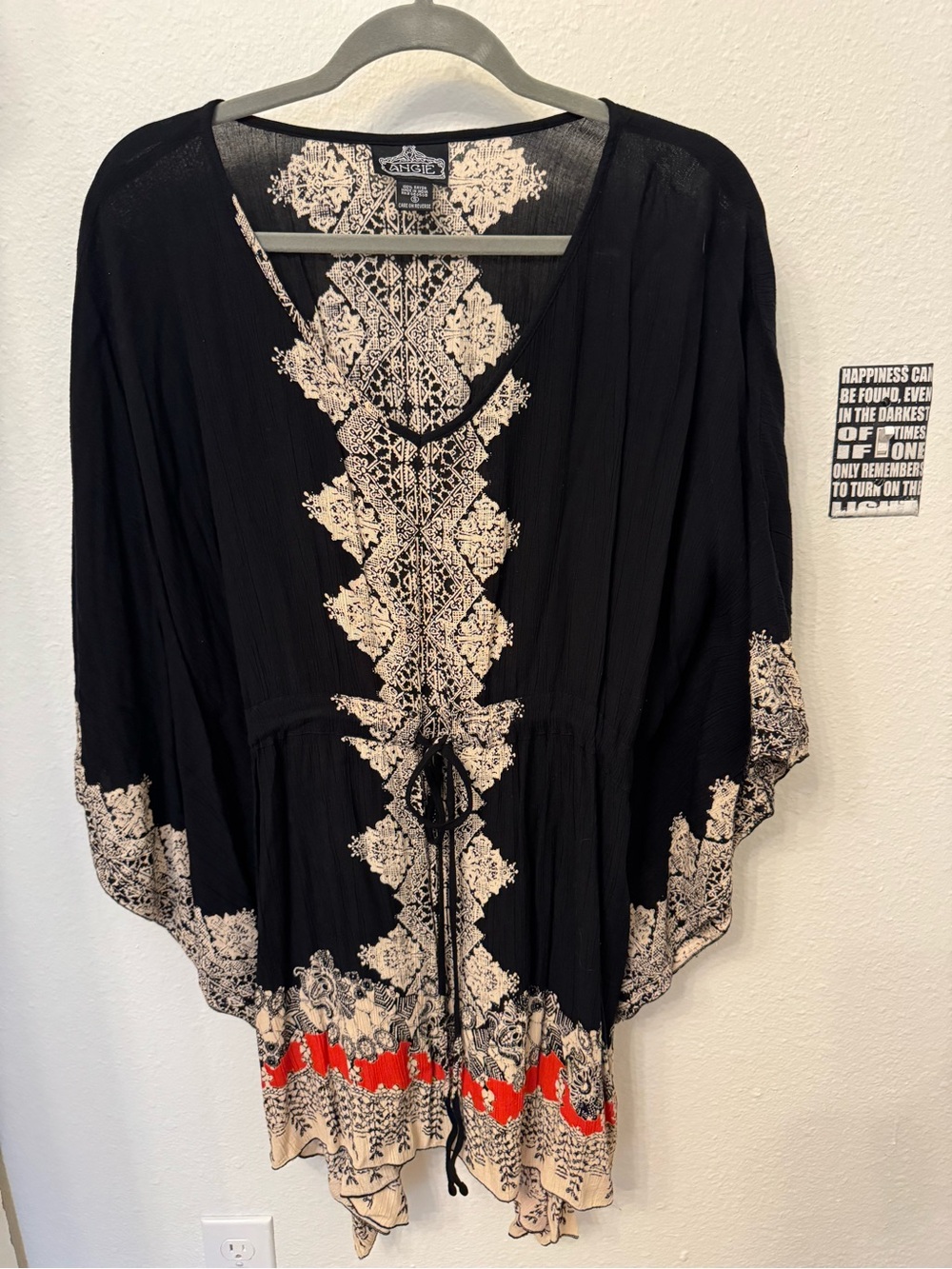 Angie Black Tunic with Cream Print and Red Hem Accent